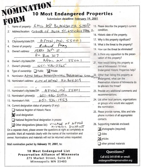 Nomination form, “Blacksmith Shops, Afton”
